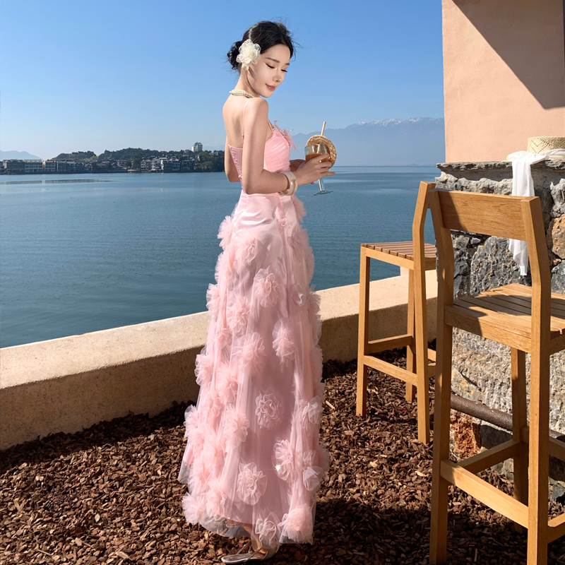 Custom Summer Vacation Style Super Fairy Floral Girl Pink Slim Cami Long Dress