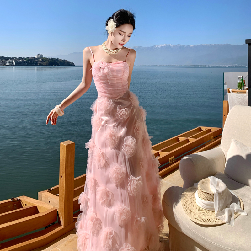 Custom Summer Vacation Style Super Fairy Floral Girl Pink Slim Cami Long Dress - Image 2