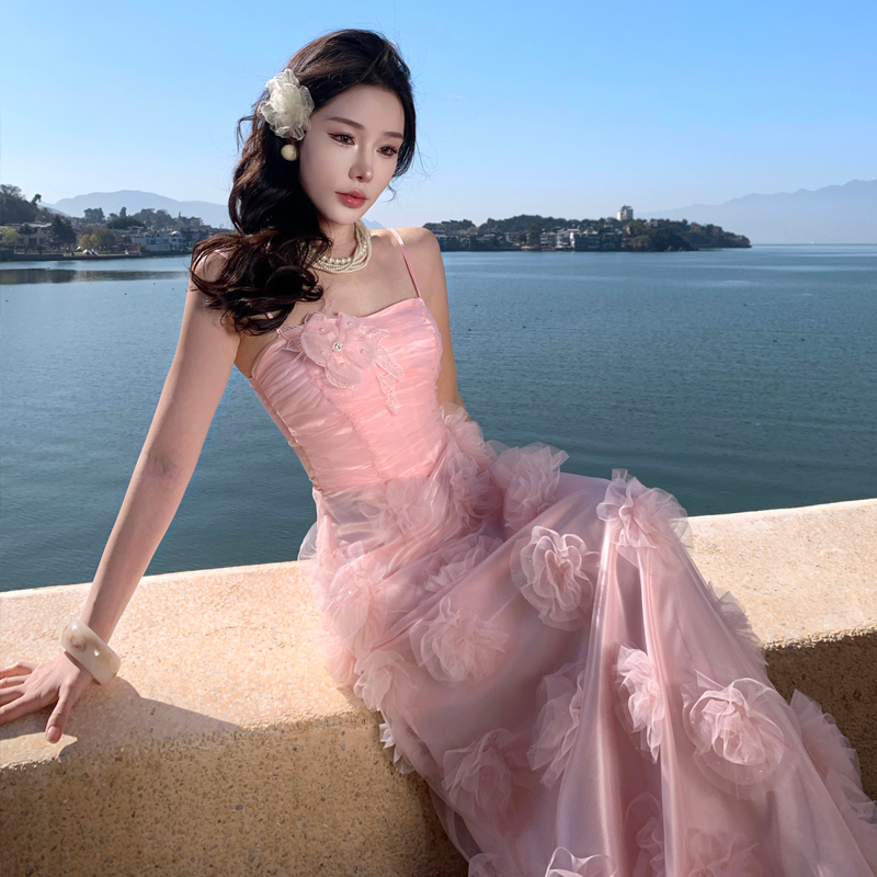Custom Summer Vacation Style Super Fairy Floral Girl Pink Slim Cami Long Dress - Image 3