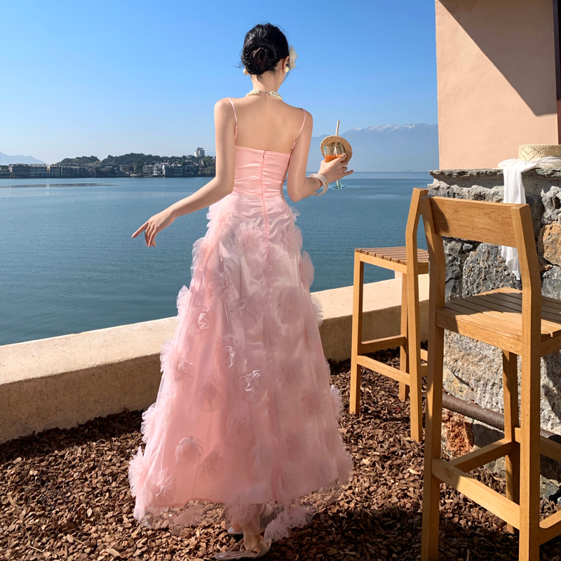 Custom Summer Vacation Style Super Fairy Floral Girl Pink Slim Cami Long Dress - Image 4