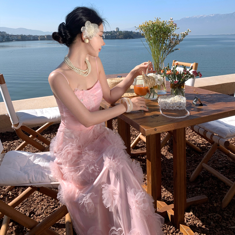 Custom Summer Vacation Style Super Fairy Floral Girl Pink Slim Cami Long Dress - Image 5