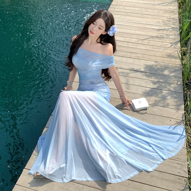 Iris Blue French Off-Shoulder Sheer A-Line Tulle Dress Set - Image 2