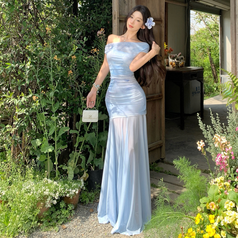 Iris Blue French Off-Shoulder Sheer A-Line Tulle Dress Set - Image 3