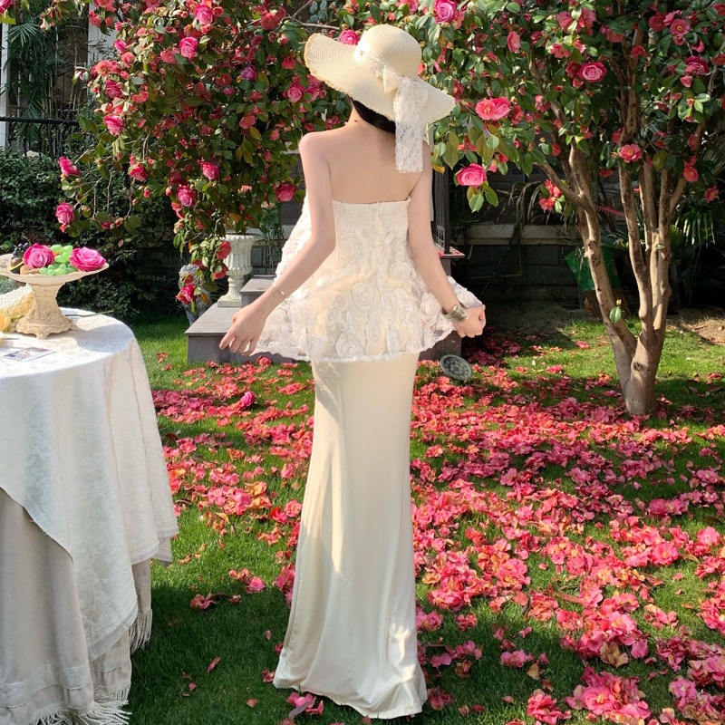 3D Rose Embroidered Sequin A-Line Strapless Mermaid Tulle Dress Set - Image 2
