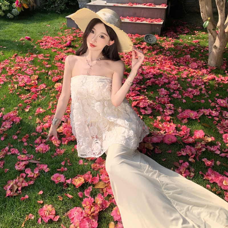 3D Rose Embroidered Sequin A-Line Strapless Mermaid Tulle Dress Set - Image 3