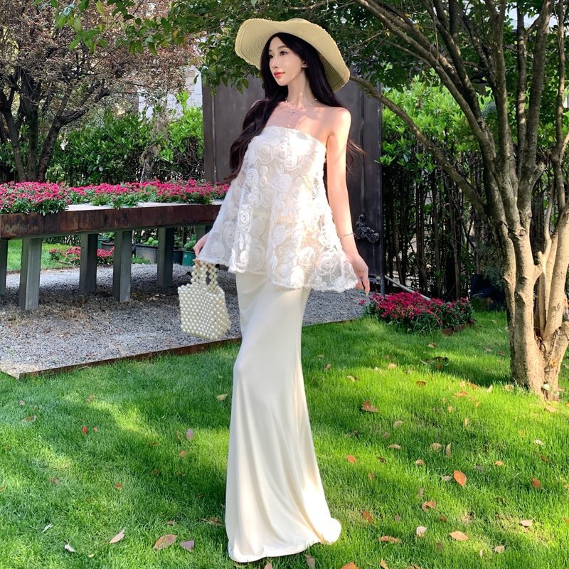 3D Rose Embroidered Sequin A-Line Strapless Mermaid Tulle Dress Set - Image 4