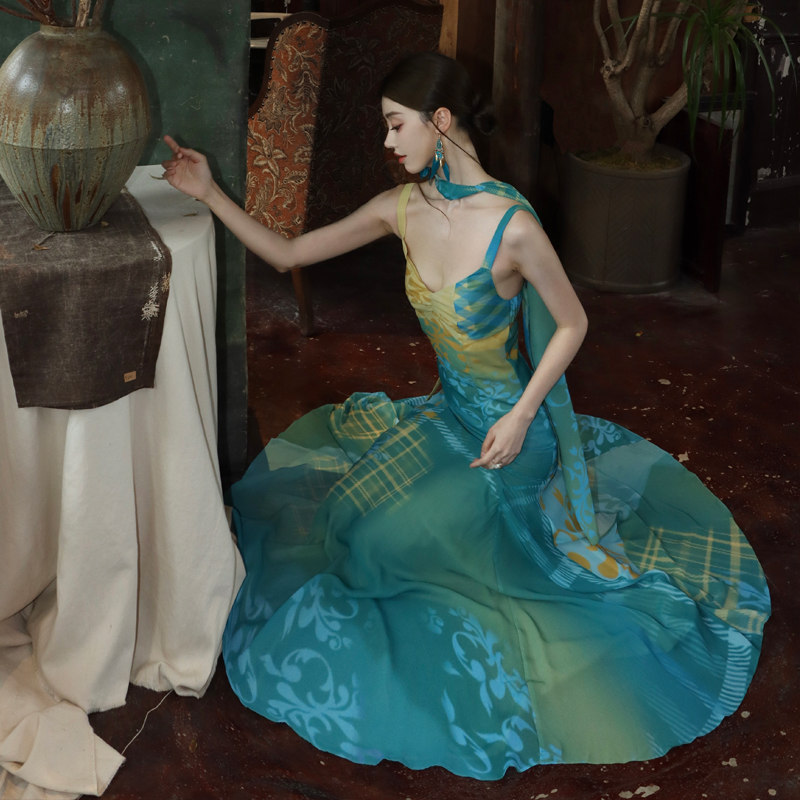 Peacock Blue Cinched Waist Long Slip Dress with Sash - Ethnic Style - Image 4