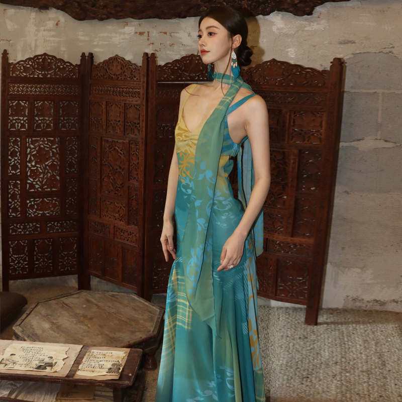 Peacock Blue Cinched Waist Long Slip Dress with Sash - Ethnic Style - Image 2