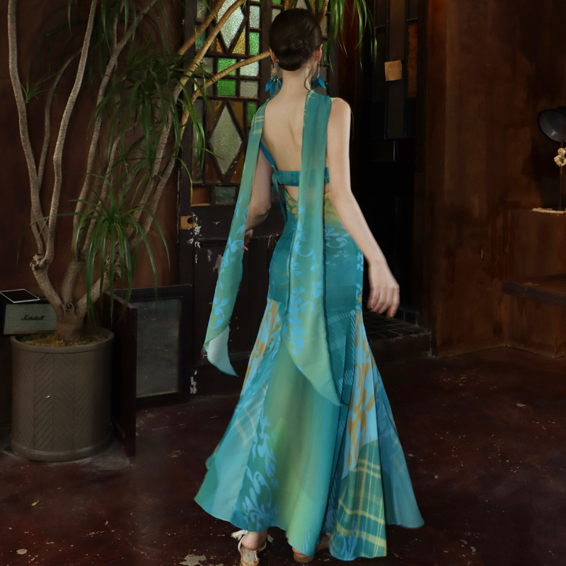 Peacock Blue Cinched Waist Long Slip Dress with Sash - Ethnic Style - Image 3