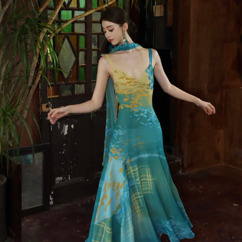 Peacock Blue Cinched Waist Long Slip Dress with Sash - Ethnic Style - Image 5