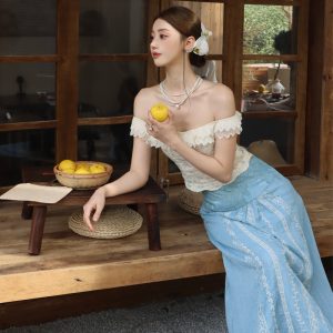 Resort Floral Lace Off-Shoulder Top and Long Embroidered Skirt Set