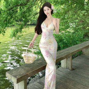 Floral Cami Dress with V-Neck Open Back Waist-Cinched Mermaid Long Dress