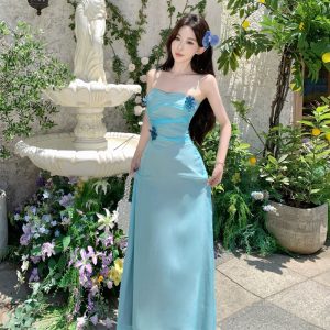 Laurel Whisper Women's Summer Midi Dress with Handmade Flowers and Cinched Waist
