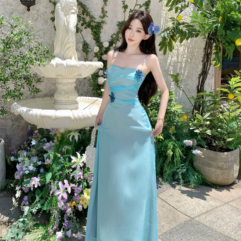 Laurel Whisper Women's Summer Midi Dress with Handmade Flowers and Cinched Waist