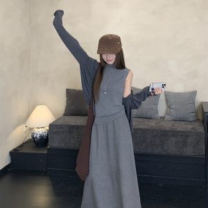 Women's 3-Piece Knit Cardigan High Neck Vest and A-Line Skirt Set