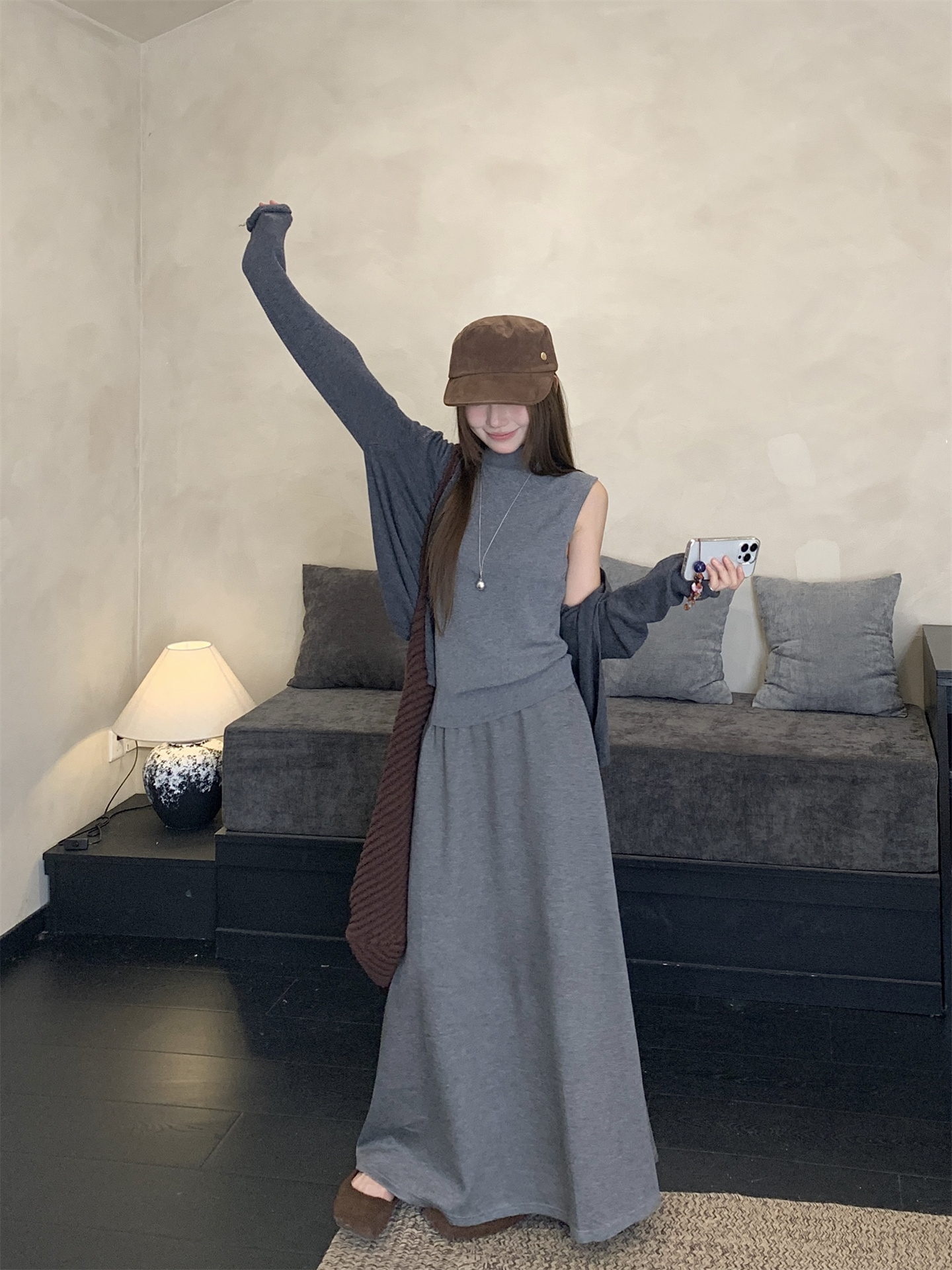 Women's 3-Piece Knit Cardigan High Neck Vest and A-Line Skirt Set