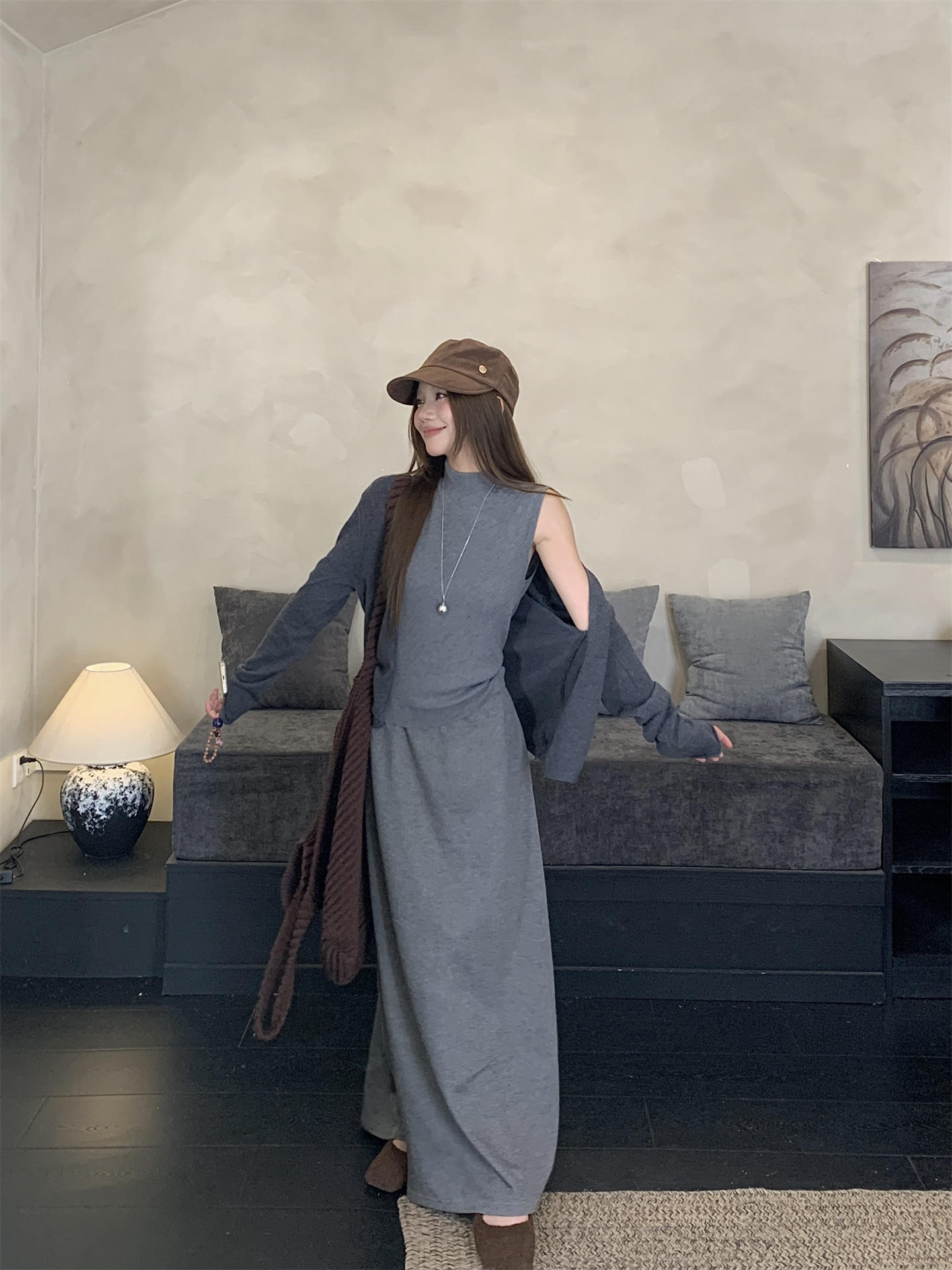 Women's 3-Piece Knit Cardigan High Neck Vest and A-Line Skirt Set - Image 2