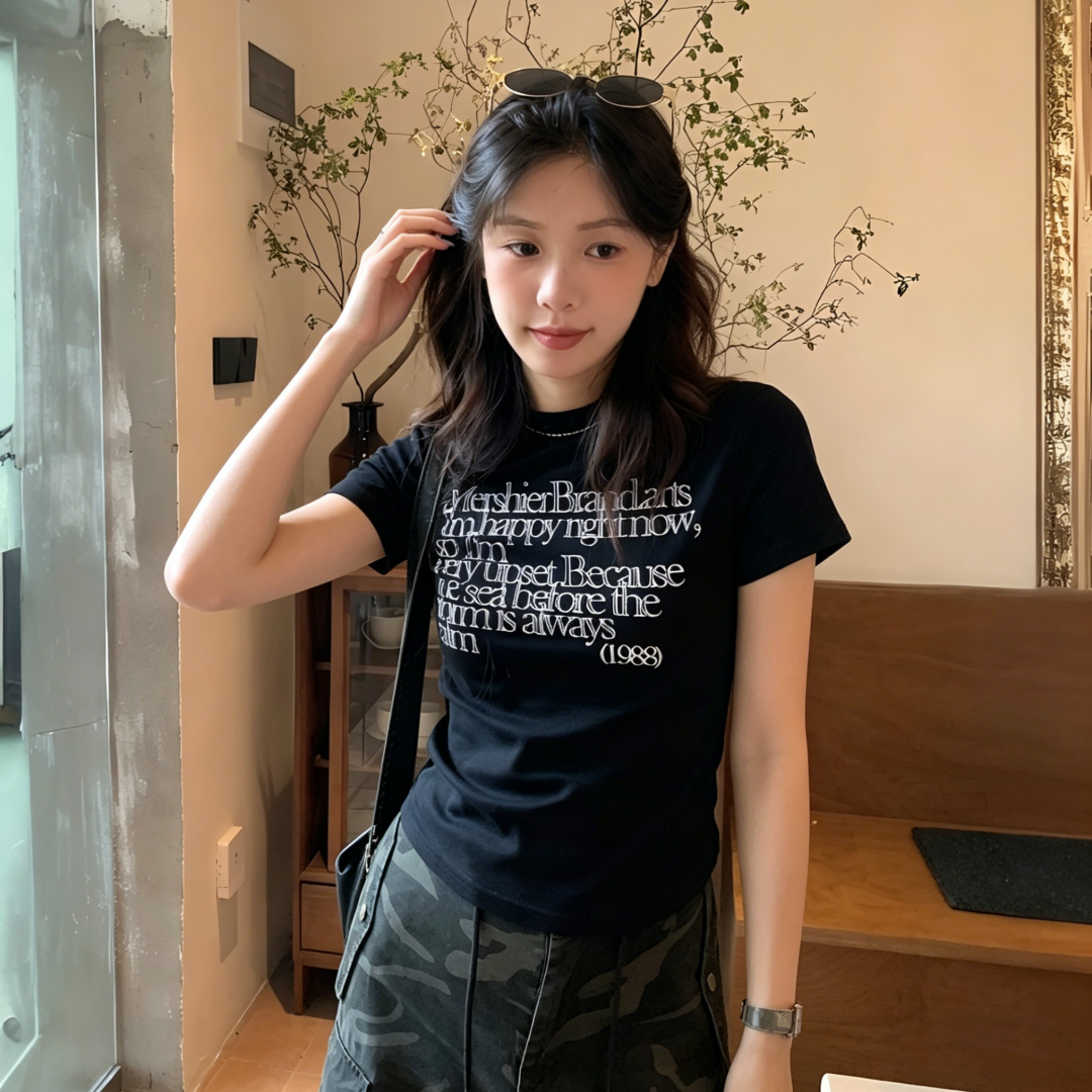 2026 Summer New 40s Pure Cotton 220g 92% Cotton 8% Spandex Regular Shoulder Short Sleeve T-Shirt Women Print