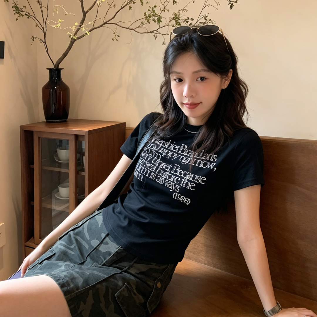 2026 Summer New 40s Pure Cotton 220g 92% Cotton 8% Spandex Regular Shoulder Short Sleeve T-Shirt Women Print - Image 3