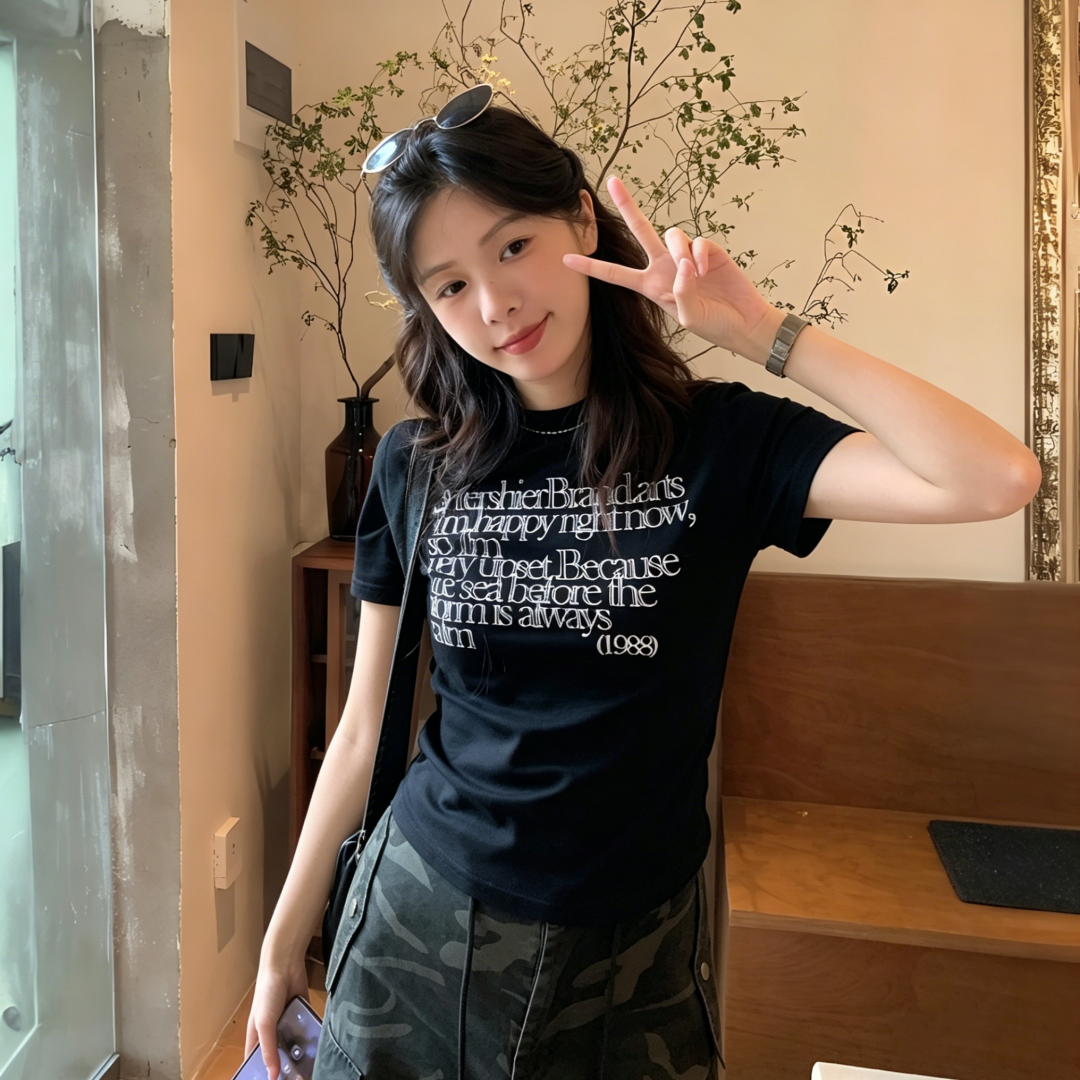 2026 Summer New 40s Pure Cotton 220g 92% Cotton 8% Spandex Regular Shoulder Short Sleeve T-Shirt Women Print - Image 5