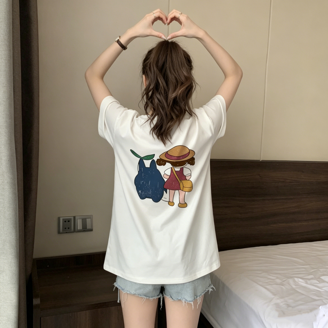100% Cotton Cartoon Girl Print Loose Short Sleeve Plus Size T-Shirt for Women 2026 Summer
