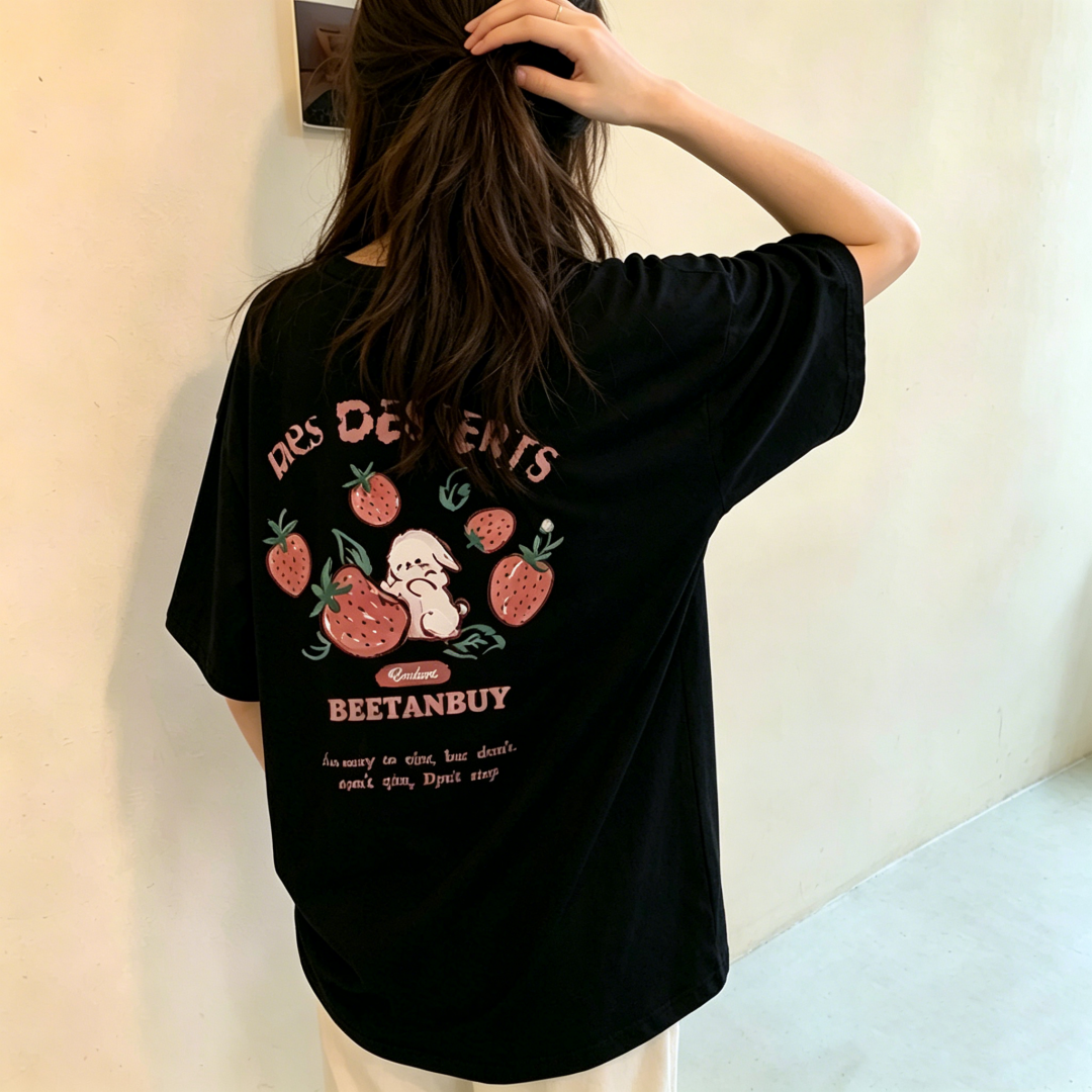 100% Cotton Short Sleeve Cartoon Print Loose Plus Size Oversize T-Shirt for Women Summer 2026 Korean Style - Image 2