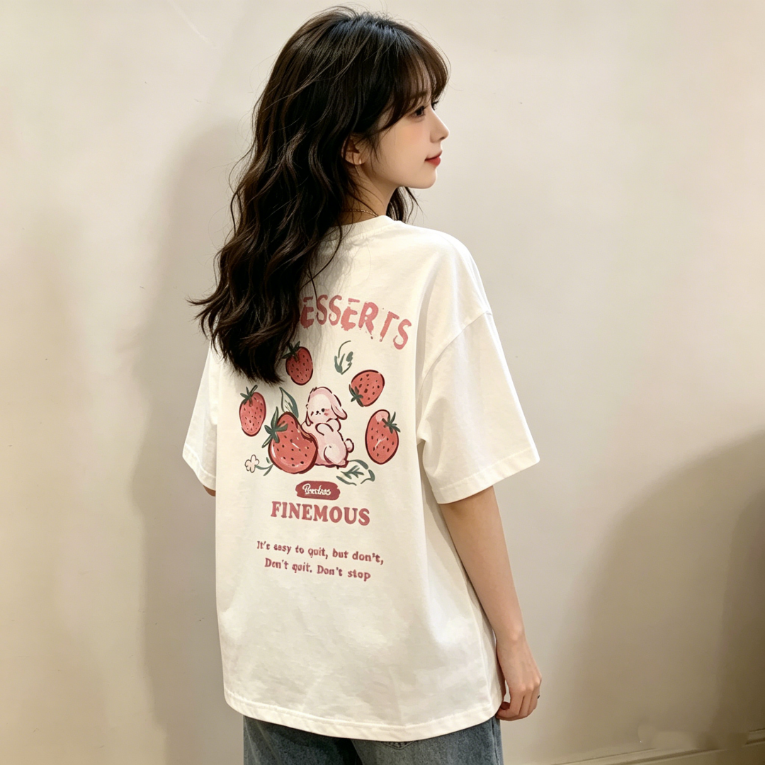 100% Cotton Short Sleeve Cartoon Print Loose Plus Size Oversize T-Shirt for Women Summer 2026 Korean Style - Image 4