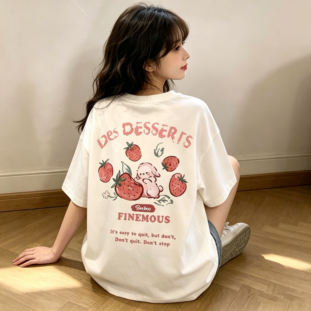 100% Cotton Short Sleeve Cartoon Print Loose Plus Size Oversize T-Shirt for Women Summer 2026 Korean Style