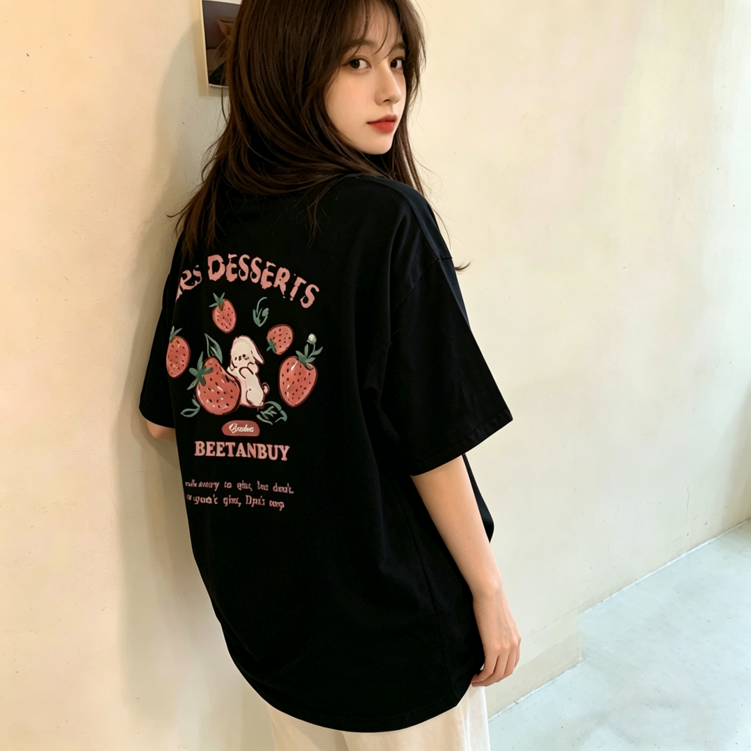100% Cotton Short Sleeve Cartoon Print Loose Plus Size Oversize T-Shirt for Women Summer 2026 Korean Style - Image 3