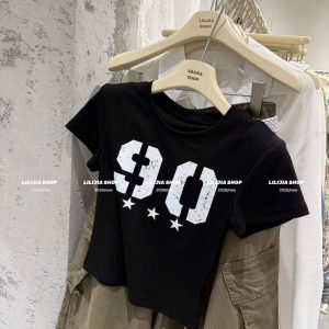 Korean 2026 Summer New American Style Letter Print Short Sleeve T-Shirt Women Slim Short Padded Shoulder Top Trendy