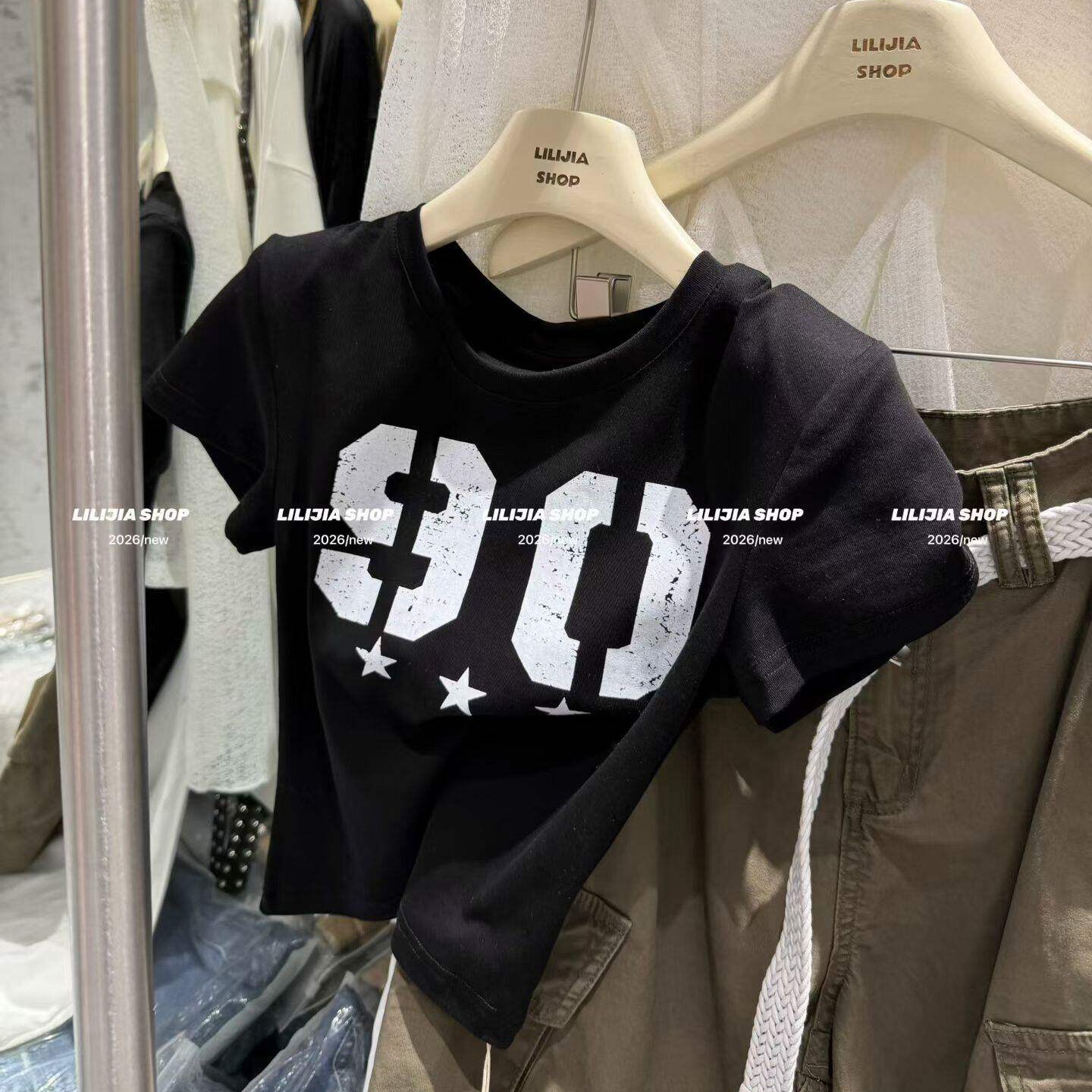 Korean 2026 Summer New American Style Letter Print Short Sleeve T-Shirt Women Slim Short Padded Shoulder Top Trendy - Image 5