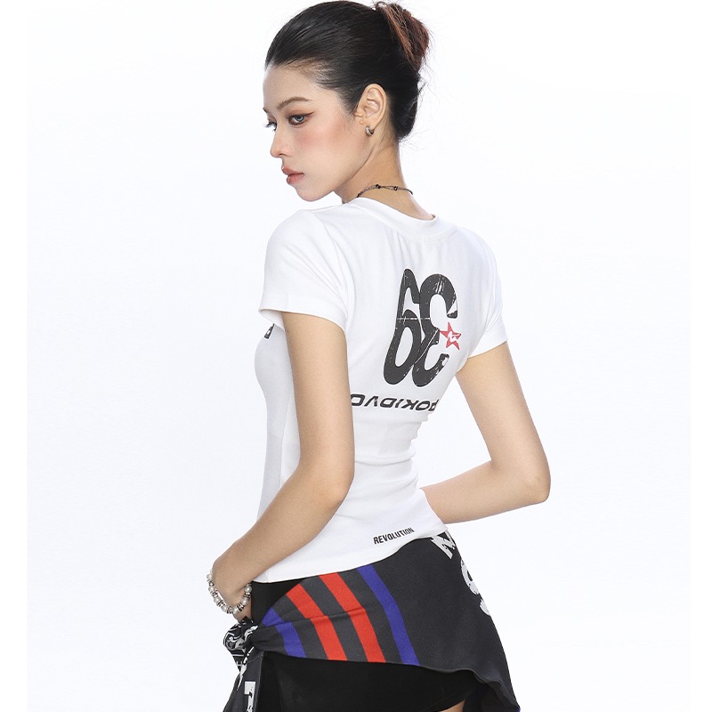 2026 American Retro V-Neck Short Sleeve T-Shirt with Letter Print