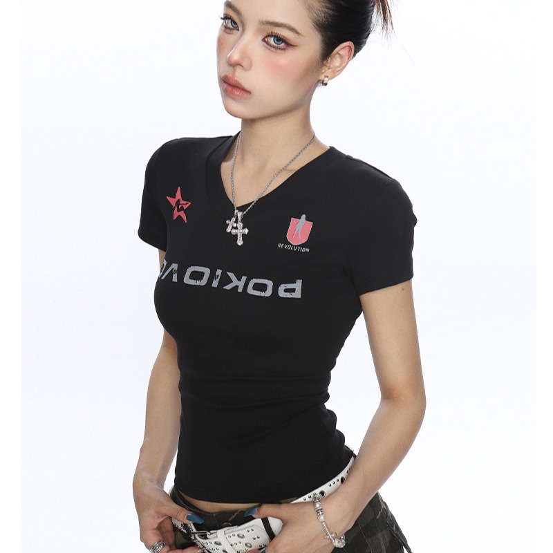 2026 American Retro V-Neck Short Sleeve T-Shirt with Letter Print - Image 3