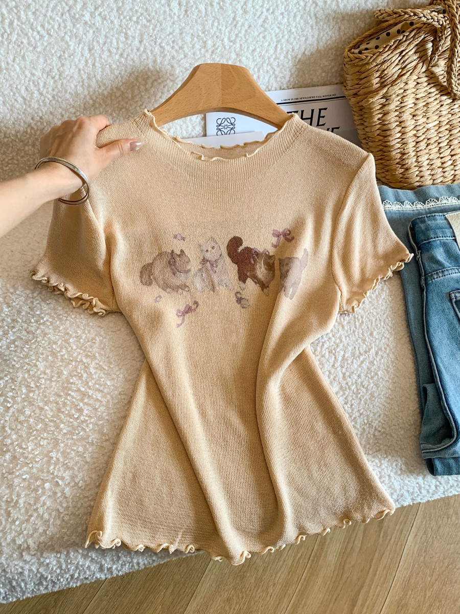 Korean Cute Print Short Sleeve T-Shirt Women Summer Slim Fit Ruffle Ice Silk Knit Top - Image 2