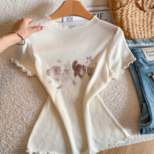 Korean Cute Print Short Sleeve T-Shirt Women Summer Slim Fit Ruffle Ice Silk Knit Top