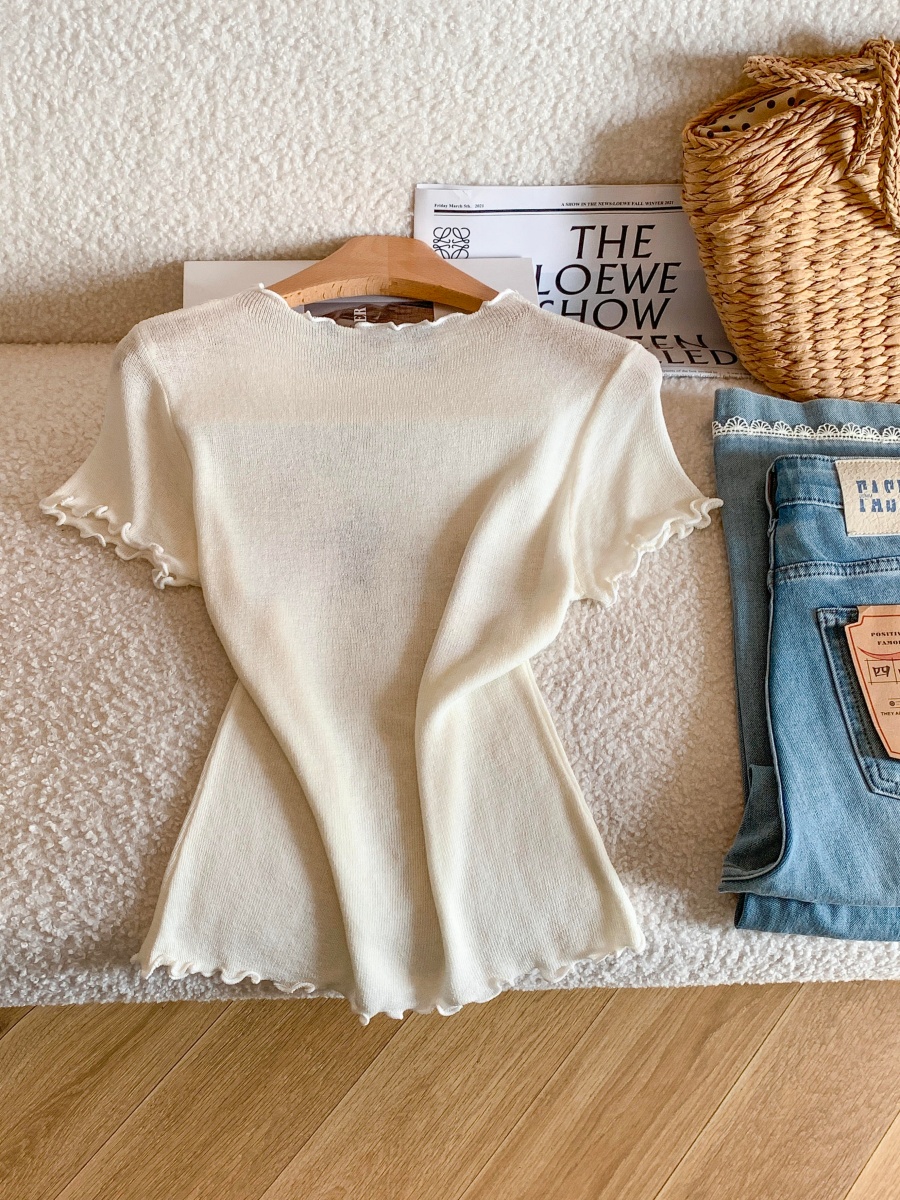 Korean Cute Print Short Sleeve T-Shirt Women Summer Slim Fit Ruffle Ice Silk Knit Top - Image 4