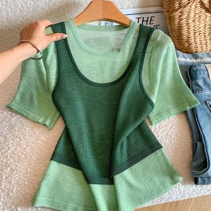 Korean Style Ice Silk Green Faux Two-Piece Knit Short Sleeve T-Shirt for Women Summer Dopamine Outfit