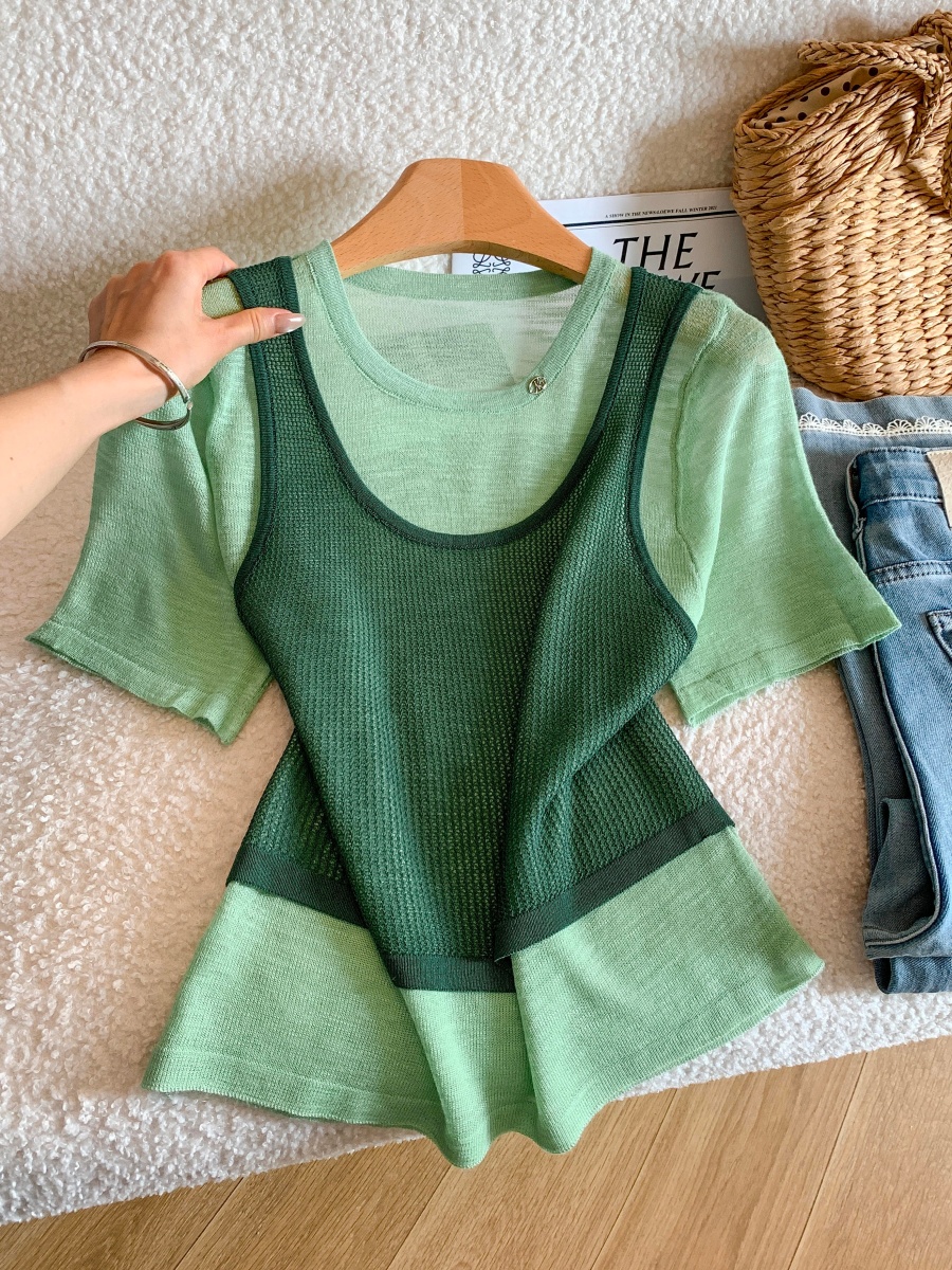 Korean Style Ice Silk Green Faux Two-Piece Knit Short Sleeve T-Shirt for Women Summer Dopamine Outfit