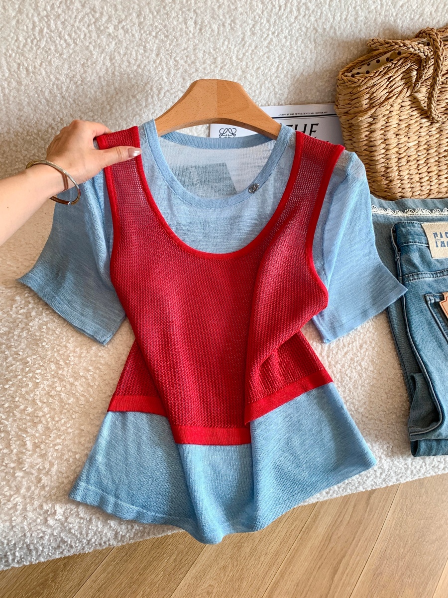 Korean Style Ice Silk Green Faux Two-Piece Knit Short Sleeve T-Shirt for Women Summer Dopamine Outfit - Image 3