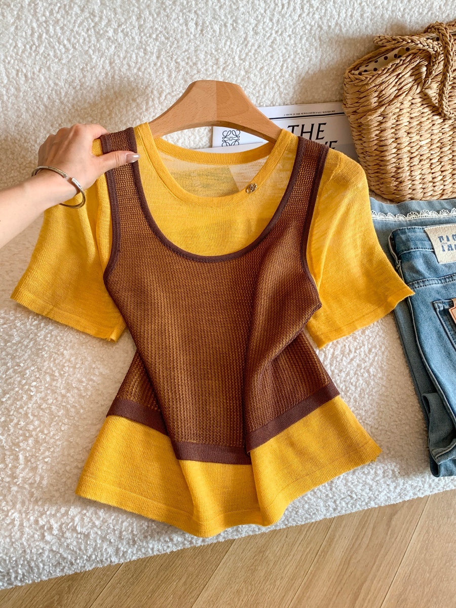 Korean Style Ice Silk Green Faux Two-Piece Knit Short Sleeve T-Shirt for Women Summer Dopamine Outfit - Image 2