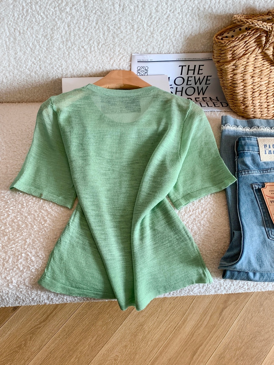 Korean Style Ice Silk Green Faux Two-Piece Knit Short Sleeve T-Shirt for Women Summer Dopamine Outfit - Image 4