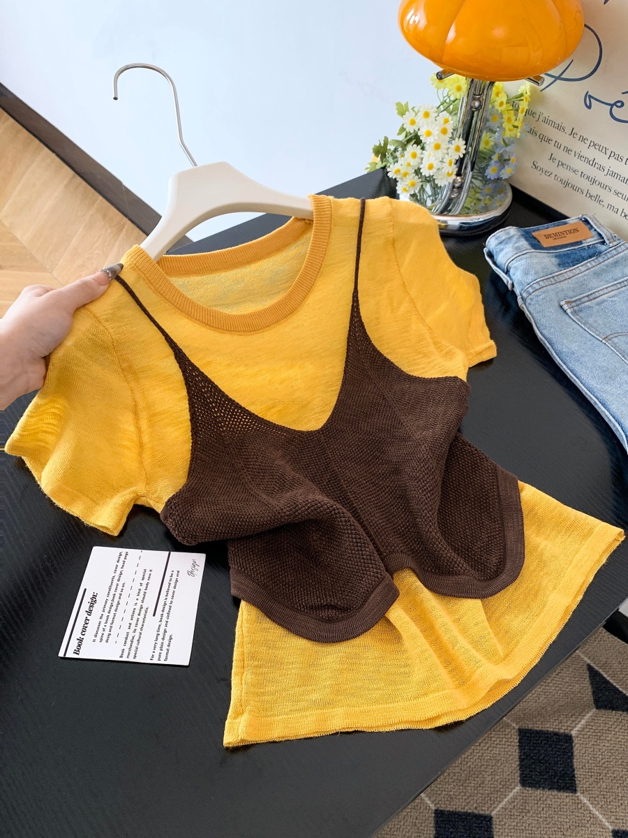 Dopamine Green Short Sleeve T-Shirt Knit Cami Two-Piece Set Summer Women's Casual Loose Versatile Layering Top - Image 2