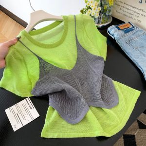 Dopamine Green Short Sleeve T-Shirt Knit Cami Two-Piece Set Summer Women's Casual Loose Versatile Layering Top