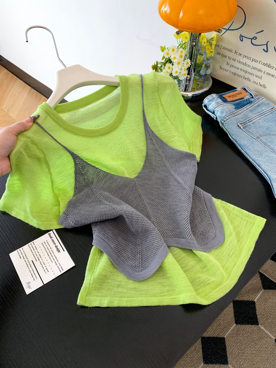 Dopamine Green Short Sleeve T-Shirt Knit Cami Two-Piece Set Summer Women's Casual Loose Versatile Layering Top