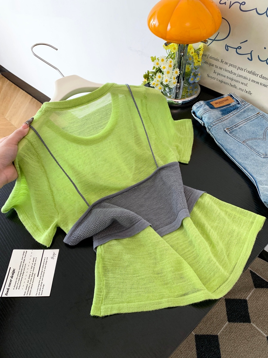 Dopamine Green Short Sleeve T-Shirt Knit Cami Two-Piece Set Summer Women's Casual Loose Versatile Layering Top - Image 4