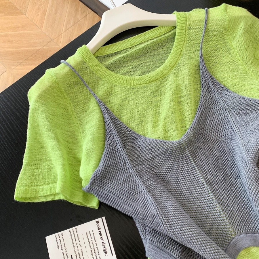 Dopamine Green Short Sleeve T-Shirt Knit Cami Two-Piece Set Summer Women's Casual Loose Versatile Layering Top - Image 5