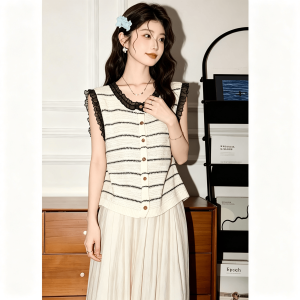 Korean Textured Striped Contrast Lace Knit Cardigan Top for Women Summer Sweet Gentle Style