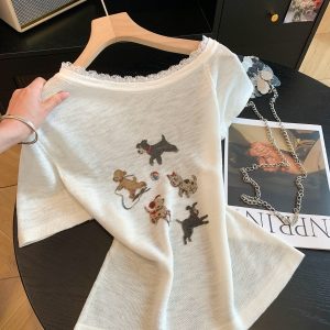 Korean Ballet Style Lace Spliced Puppy Print One Shoulder Short Sleeve T-Shirt for Women Summer Thin Pleated Top