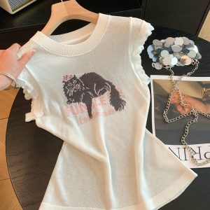 Women Summer Lace Spliced Cap Sleeve Knit Top Sweet Sleeveless Shirt