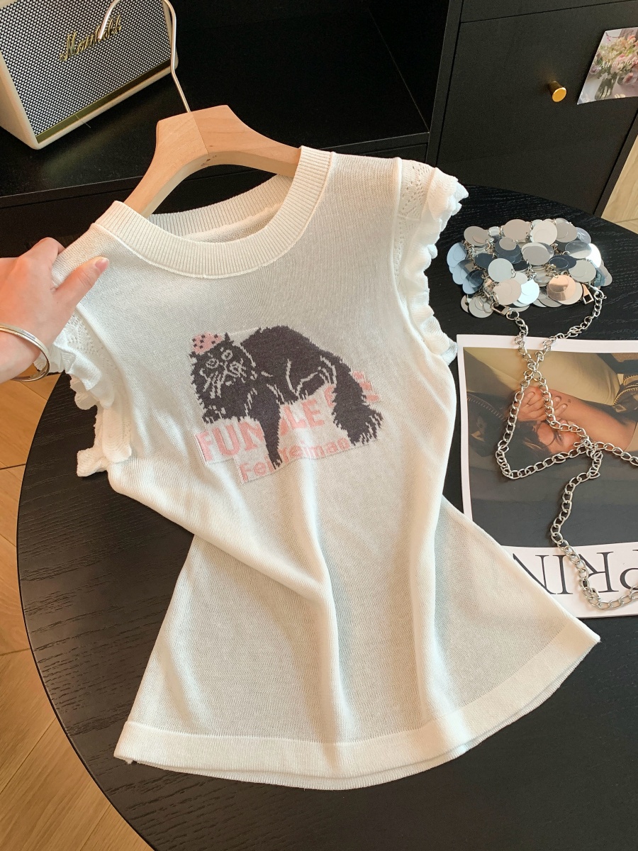 Women Summer Lace Spliced Cap Sleeve Knit Top Sweet Sleeveless Shirt
